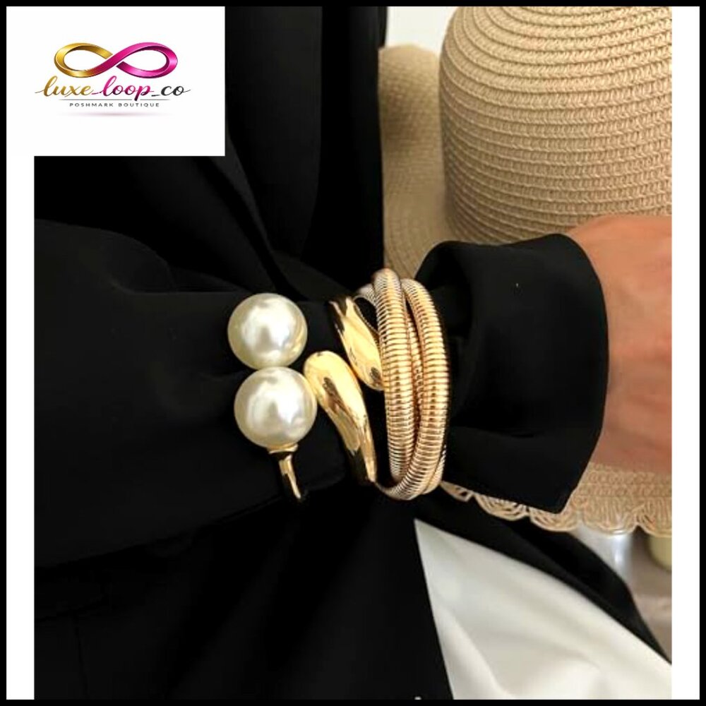 Chunky Gold Bangle Bracelets Stackable Pearl Stre… - image 2